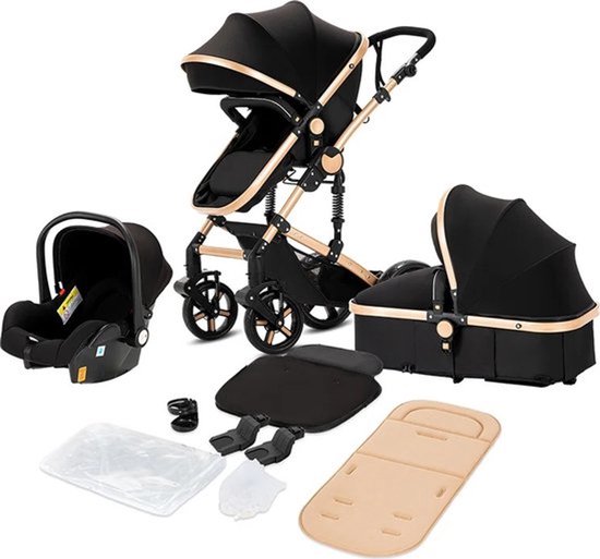 Luxe 3-in-1 Kinderwagen - Wandelwagen - Autostoeltje - Buggy - Reiswieg - Inklapbaar - 0-36 Maanden - Zwart/Goud van Luxe.