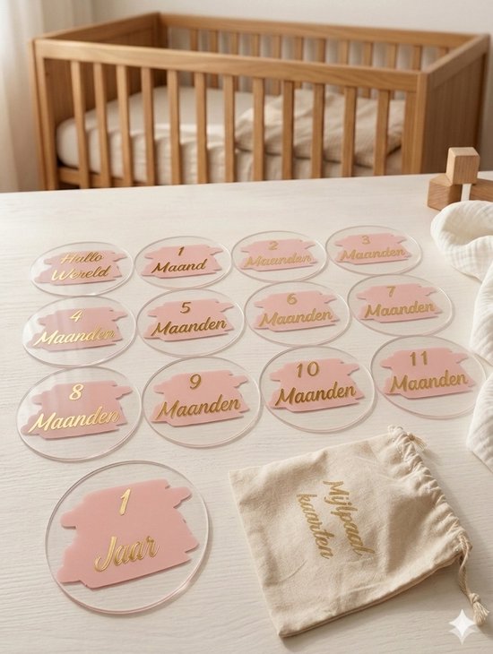 Luxe Acryl Mijlpaalkaarten Baby – 13-delige Set – 10cm – Inclusief Bewaarzakje – Kraamcadeau – Milestone Cards – Maandkaarten Baby – Roze