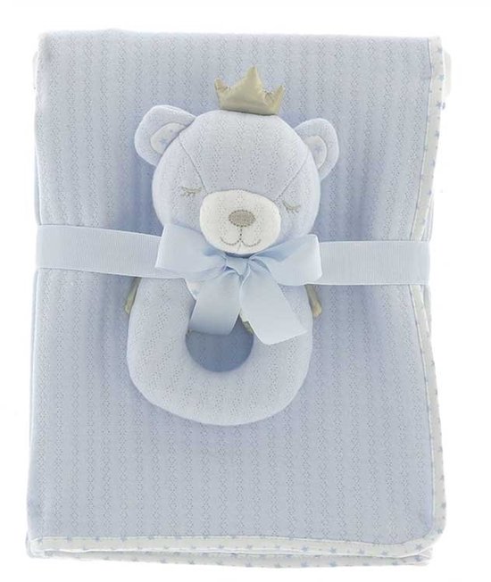 Luxe Baby Cadeauset - Flanellen Babydeken 100x75 cm met Beren Rammelaar - Zacht Kraamcadeau - Blauw