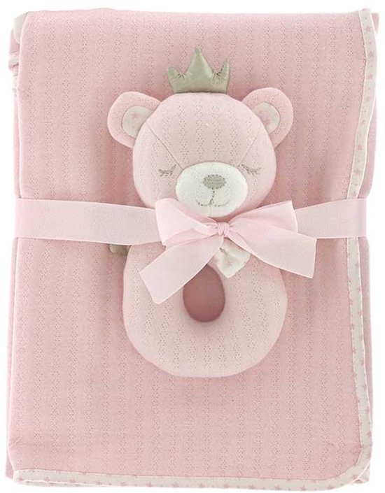 Luxe Baby Cadeauset - Flanellen Babydeken 100x75 cm met Beren Rammelaar - Zacht Kraamcadeau meisje - Roze