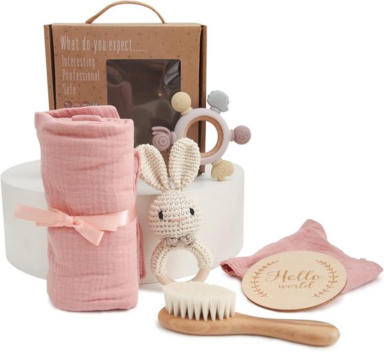 Luxe Baby Cadeauset Geboorte Jongen/Meisje - Kraamcadeau Houten Speelgoed en Verzorging van Merkloos