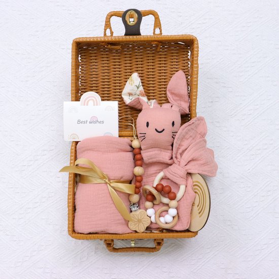 Luxe Baby Cadeauset - Rotan koffer met Hydrofiele TetraDoek, Knuffeldoekje & Bijtring - Kraamcadeau - Roze van KraamZusjes