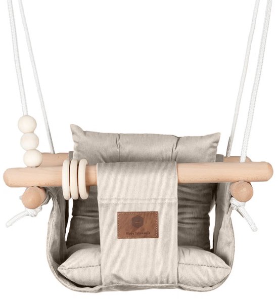 Luxe Baby / Kinder Schommel voor binnen of buiten! - Baby Swing Ribstof Zandkleur - Schommelstoel inclusief Zachte Kussens, Veiligheidsriem en Bevestigingsmaterialen - BEKEND VAN TV van Bolombo