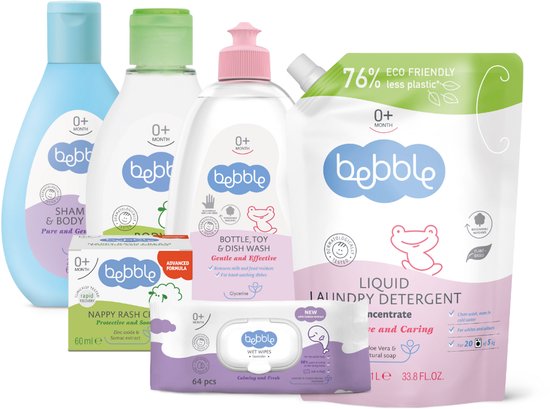 Luxe Baby Starter Set "Bebble" - Complete Verzorging - Wasmiddel, Rash Cream, Body Oil, Shampoo, Babydoekjes & Fles-/Speelgoedreiniger van Merkloos