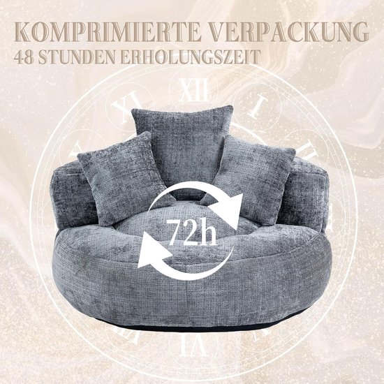 Luxe Comfort Lounger Zitzak Stoel met Hoge Rugleuning en 3 Kussens – 53x29x45 cm – Duurzame Chenille Relaxstoel voor Binnen & Buiten, Volwassenen en Kinderen – Grijs van Merkloos