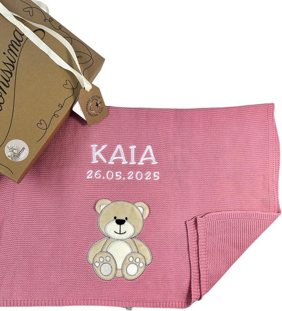 Luxe Gepersonaliseerde Babydeken Katoen - Ideaal Kraamcadeau, Doop of Babyshower - Oudroze Beer