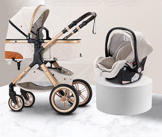 Luxe kinderwagen 3 in 1 Nieuwste gemakkelijk opvouwbare multifunctionele kinderwagen Wit Reis draagbare babywagen Veiligheidszitje EU-norm