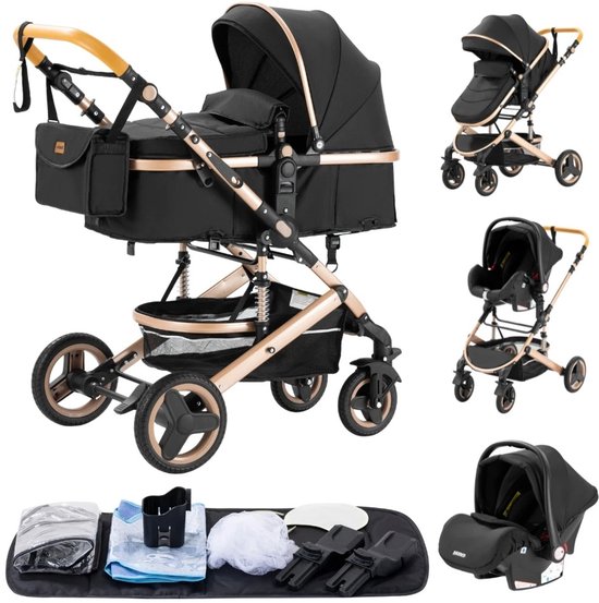 Luxe Kinderwagen 3-in-1 – Opvouwbare Baby Kinderwagen – Hoge Kinderwagen voor Pasgeboren Baby’s – Reiswieg en Wandelwagen – Draagbaar en Compact