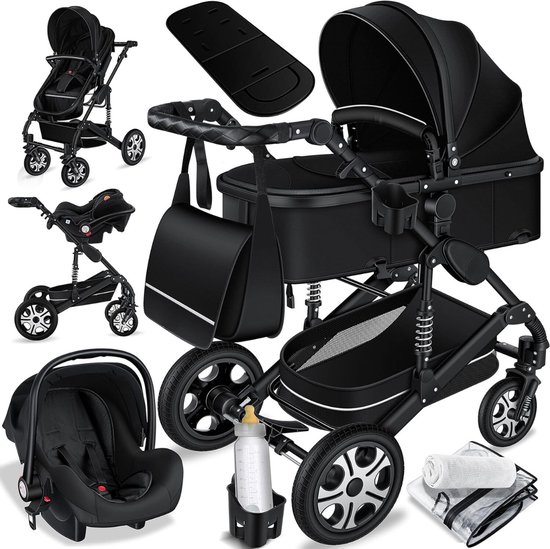 Luxe Kinderwagen 3 in 1 - Wandelwagen Baby - Kinderwagen Inclusief Autostoeltje - Buggy met Wieg - Ultra Black van Luxe