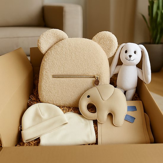 Luxe Kraamcadeau Baby - Unisex - Babyshower & Gender Reveal Cadeau Giftset - Teddytas, Tutpop, Konijn Rammelaar, Babymutsje, Spuugdoek & Slab met Koordjes Beige van Merkloos