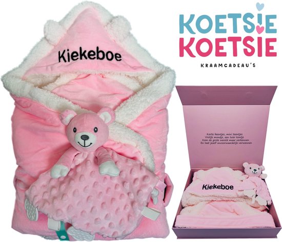 Luxe Kraamcadeau Meisje Roze - Babydeken, Badcape en Omslagdoek met Knuffel & Bijtring - Geboortecadeau in Luxe Magneetdoos