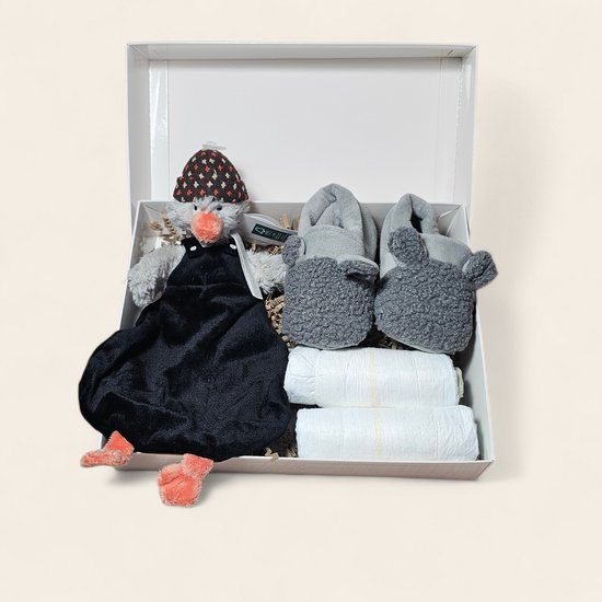 Luxe kraamcadeau - met luiers, Apollo slofjes en Pinguïn Polar Tuttle van Fonkeltuut.