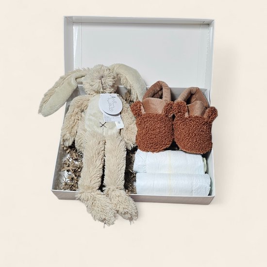 Luxe kraamcadeau - met luiers, Apollo slofjes en Richie beige knuffel 28 cm van Merkloos
