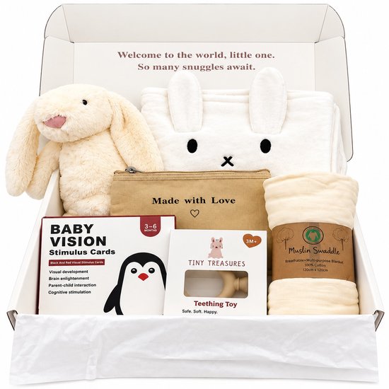 Luxe Kraamcadeau Unisex – Baby Gift Box Beige – Cadeaubox met Knuffel, Hydrofiele Doek, Badcape, Bijtring, Baby Kaarten & Pouch - gender reveal - babyshower - kraamkado