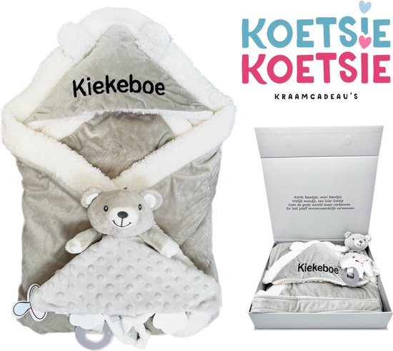 Luxe Kraamcadeau Unisex - Grijze Baby Omslagdoek / Babydeken met Knuffel & Bijtring - Babycape - Gender Reveal Cadeau van Merkloos