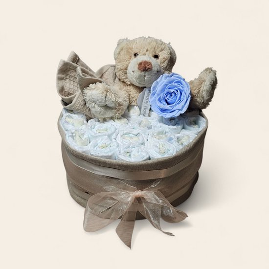 Luxe Luiertaart 1-Laags met Premium Pampers, blauwe Longlife Roos, Hydrofiele Doek, Spuugdoekje en Superzacht Beertje: Het Perfecte Kraamcadeau van Merkloos