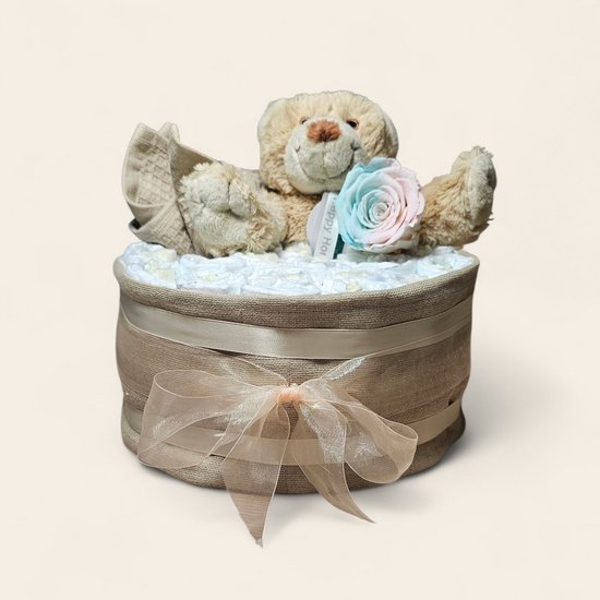 Luxe Luiertaart 1-Laags met Premium Pampers, roze blauwe Longlife Roos speciaal voor genderreveal, Hydrofiele Doek, Spuugdoekje en Superzacht Beertje: Het Perfecte gender reveal cadeau van LUXE.