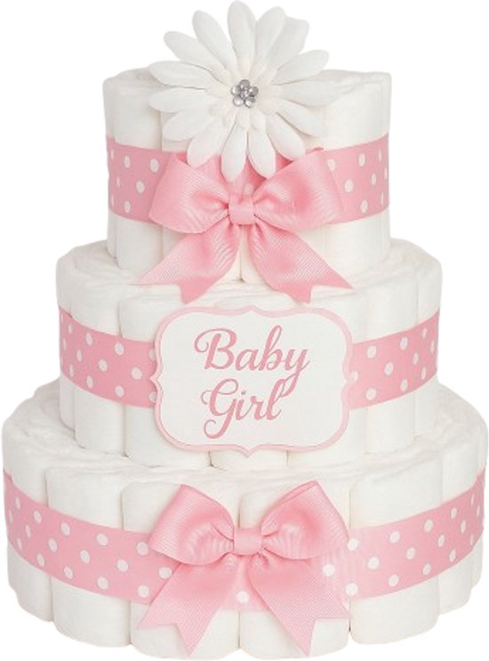 Luxe Luiertaart Baby Girl – Roze Strik & Bloem Design