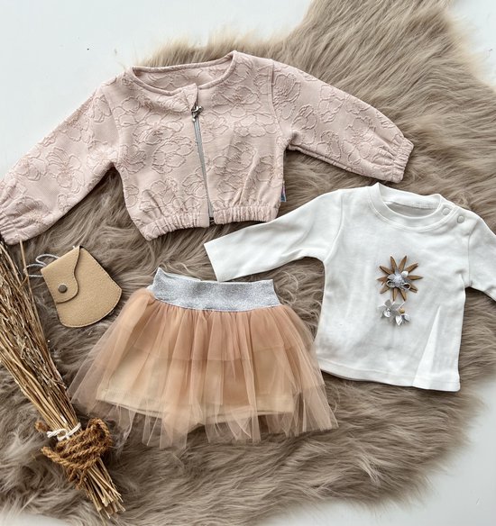 luxe meisjesset - 4 delige babyset - vest, shirt, tulle broekrokje en tasje- kraamcadeau- geschenkset - babyshower -poederroze kleur-bloemetjes motief-gevoelige huid- 100 % katoen-9 tem 12 maanden van Luxe