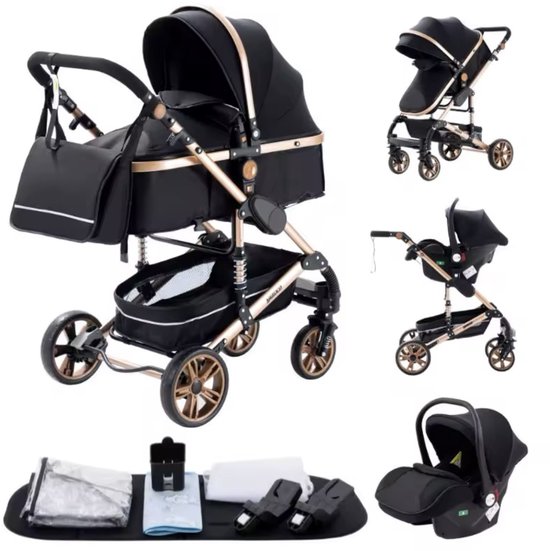 Luxe Multifunctionele 3-in-1 Combi Kinderwagen – Kwalitatieve Buggy – Autostoel - Opklapbare Wandelwagen – Inclusief mamatas- Zwartgoud van Luxe.