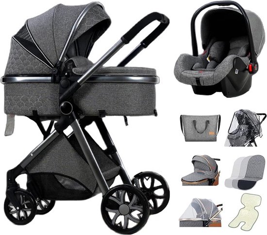 Luxe Multifunctionele 3-in-1 Combi Kinderwagen – Kwalitatieve Buggy – Opklapbare Wandelwagen – Donkergrijs – Incl. Autostoel van $