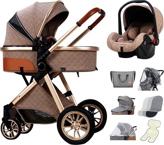 Luxe Multifunctionele 3-in-1 Combi Kinderwagen – Kwalitatieve Buggy – Opklapbare Wandelwagen – Khaki – Incl. Autostoel van $