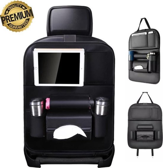 Luxe PU lederen autostoel organizer - Met uitklapbaar tafeltje en tablethouder - Achterbank auto organizer voor kinderen - Universeel - Zwart van Merkloos