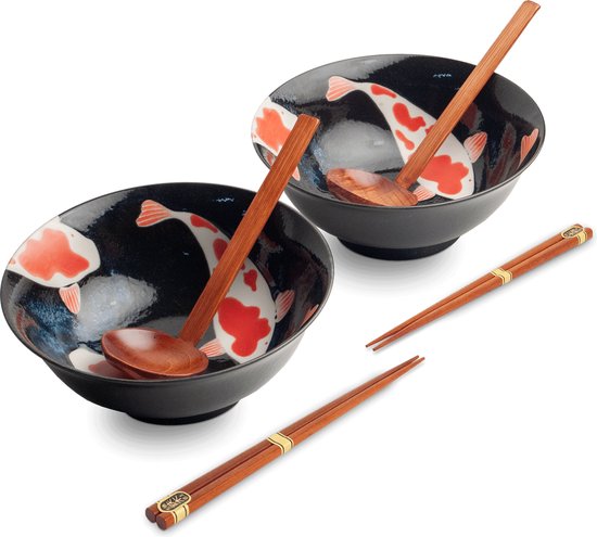Luxe - Ramenbowlset - Koi - 2 Persoons - Ramen bowl set - 6 Delig - Ø21 cm H9 cm - Ramen - Ramen bowl - Noodles - Noodles ramen - Noodle kom - Sushi stokjes - Houten Lepel - Chopsticks - Eetstokjes - Soeplepel - Kom - Schaal - Sushi servies