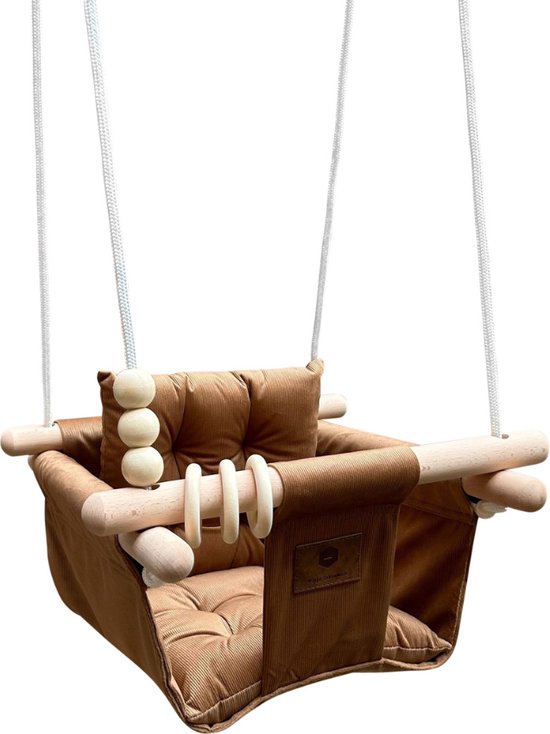 Luxe Ribstof Baby / Kinder Schommel voor binnen of buiten! - Baby Swing Corduroy - Ribstof Bruin - Ribfluweel - Schommelstoel inclusief Kussens, Bevestigingsmaterialen en Veiligheidsriem - Gemonteerd Verzonden! BEKEND VAN TV! van Ivory & Gold