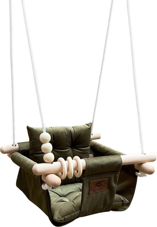 Luxe Ribstof Baby / Kinder Schommel voor binnen of buiten! - Baby Swing Corduroy - Ribstof Groen - Ribfluweel - Schommelstoel inclusief Kussens, Bevestigingsmaterialen en Veiligheidsriem - Gemonteerd verzonden! BEKEND VAN TV! van $