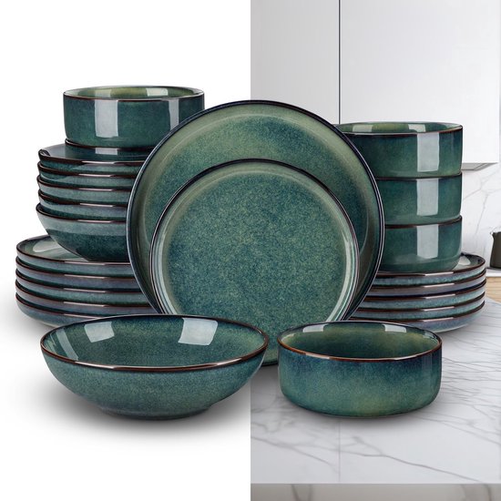 Luxe Serviesset – 24 delig – 6 persoons – Porselein - Bordenset – Dinner platen – Dessertborden - Kommen - Pastabord - Groen