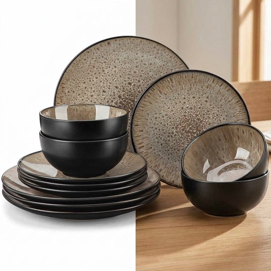 Luxe Serviesset – 24 delig – 8 persoons – Steengoed - Bordenset – Dinner platen – Dessertborden - Kommen - Bruin