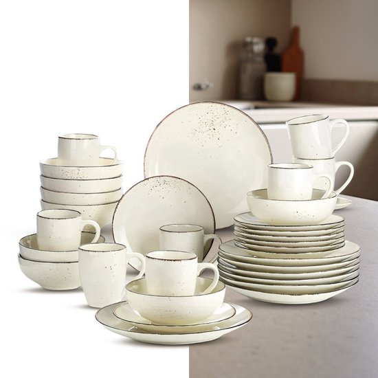 Luxe Serviesset – 32 delig – 8 persoons – Porselein - Bordenset – Dinner platen – Dessertborden - Kommen - Mokken - Beige
