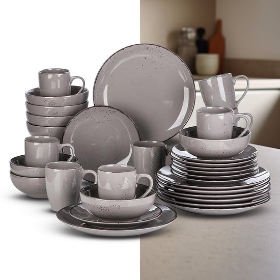 Luxe Serviesset – 32 delig – 8 persoons – Porselein - Bordenset – Dinner platen – Dessertborden - Kommen - Mokken - Schaaltjes - Grijs