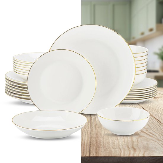 Luxe serviesset – 32 delig – 8 persoons – Porselein - Bordenset – Dinner platen – Dessertborden - Kommen - Pastabord - Wit