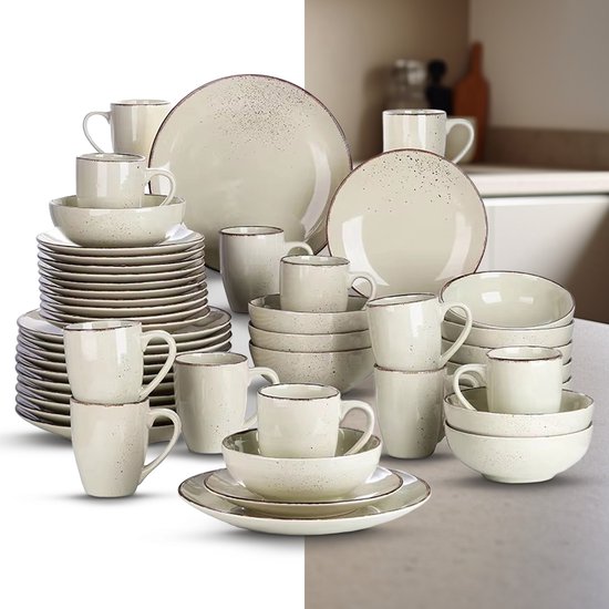 Luxe Serviesset – 48 delig – 12 persoons – Keramisch - Bordenset – Dinner platen – Dessertborden - Mokken - Kommen - Beige