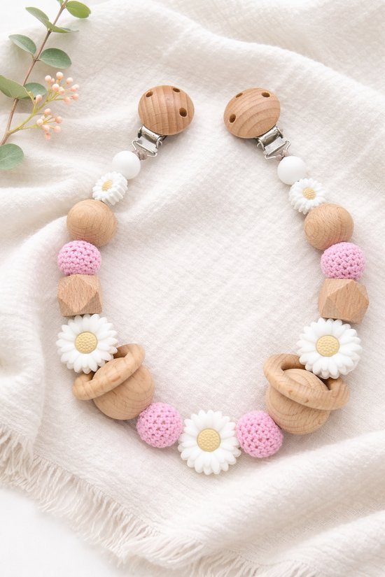 Luxe Speenkoorden - KIKI - Set bijtring, speenkoord met naam en sleutelhanger - Gepersonaliseerd fopspeen clip - meisje - kraamcadeau - baby shower van Merkloos