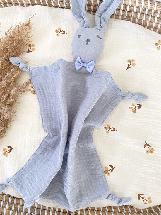 Luxe Speenkoorden - Knuffeldoekje hydrofiel - konijn - baby blauw - strik - mousseline van Merkloos