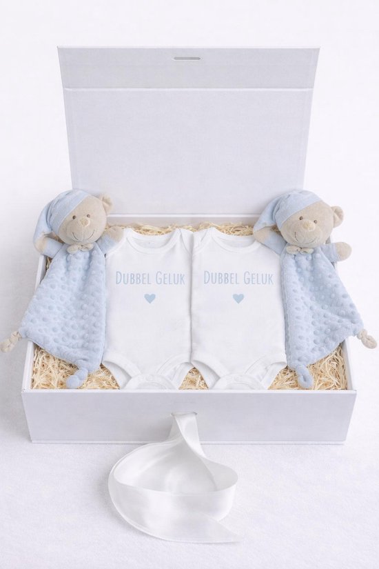 Luxe Tweeling Cadeauset - Baby Giftbox met 2 Rompers “Dubbel Geluk” & 2 Knuffeldoekjes - 0-3 Maanden - Uniek Kraamcadeau - blauw van Merkloos