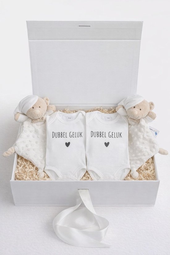 Luxe Tweeling Cadeauset – Baby Giftbox met 2 Rompers “Dubbel Geluk” & 2 Knuffeldoekjes – 0-3 Maanden – Uniek Kraamcadeau van Merkloos