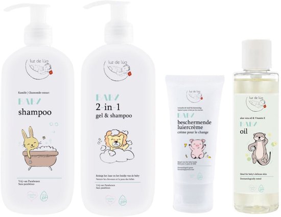 Luz de Lúa Babyverzorgingsset – Shampoo, 2-in-1 Gel & Shampoo, Luiercrème en Babyolie – 4-delig