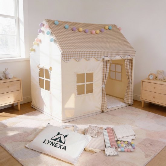 LYNEXA® - Speeltent - Kindertent - Speelhuis - Speeltent meisjes - Speeltent jongens - Speelhuisje binnen - Speelgoed 3 t/m 9 jaar - Incl. Zachte Mat, Verlichting, Opbergtas – Beige / Lichtbruin van Merkloos
