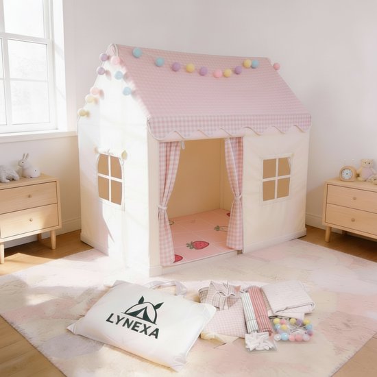 LYNEXA® - Speeltent - Kindertent - Speelhuis - Speeltent meisjes - Speeltent jongens - Speelhuisje binnen - Speelgoed 3 t/m 9 jaar - Incl. Zachte Mat, Verlichting & Opbergtas – Wit / Roze van Merkloos