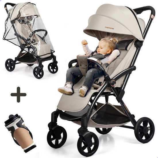 M2 Memores Plooibuggy Beige - Buggy Inklapbaar Inclusief Regenhoes, Bekerhouder en Tassenhaken - Peuter -Extra licht & Compact voor Vliegtuig, Auto & OV - Extra Veilig en Wendbaar door Grote Massieve Wielen - Tot 4 jaar - Kinderwagens - Wandelwagen van M2 Memores