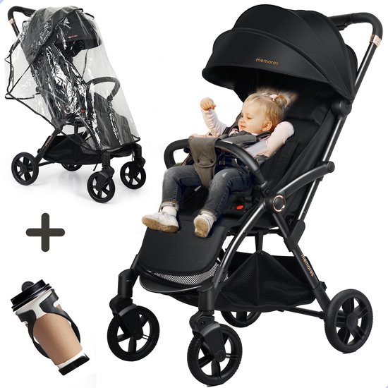 M2 Memores Plooibuggy Zwart - Buggy Inklapbaar Inclusief Regenhoes, Bekerhouder en Tassenhaken - Peuter -Extra licht & Compact voor Vliegtuig, Auto & OV - Extra Veilig en Wendbaar door Grote Massieve Wielen - Tot 4 jaar - Kinderwagens - Wandelwagen van M2 Memores
