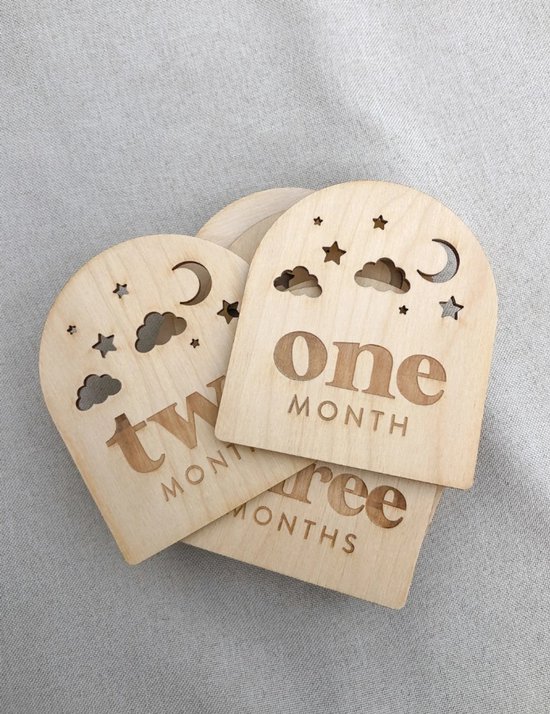 Maandelijkse Baby Mijlpaal Schijfjes Maan, Sterren en Wolken – Houten Baby Milestone Kaarten – Baby Fotoprops – Origineel Kraamcadeau – Newborn Fotoshoot Accessoires van Merkloos