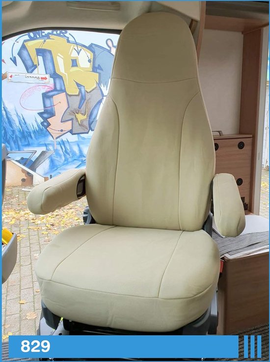 Maatstoelhoezen, beschermhoezen, pilotzitten, bestuurder en passagiersset, compatibel met camper FIAT Ducato 829, beige van Walser