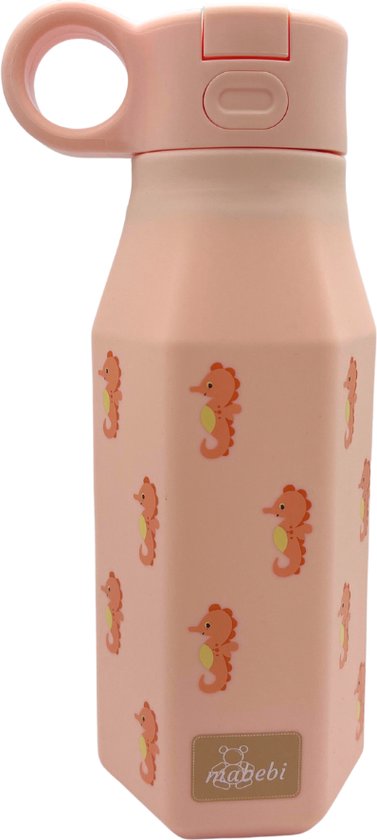 Mabebi - Drinkfles met kliksysteem 350 ml - Lekvrije drinkfles voor kinderen - Waterfles voor onderweg - Siliconen drinkfles met rietje - Schoolbeker - Zeepaardjes Roze van Mabebi