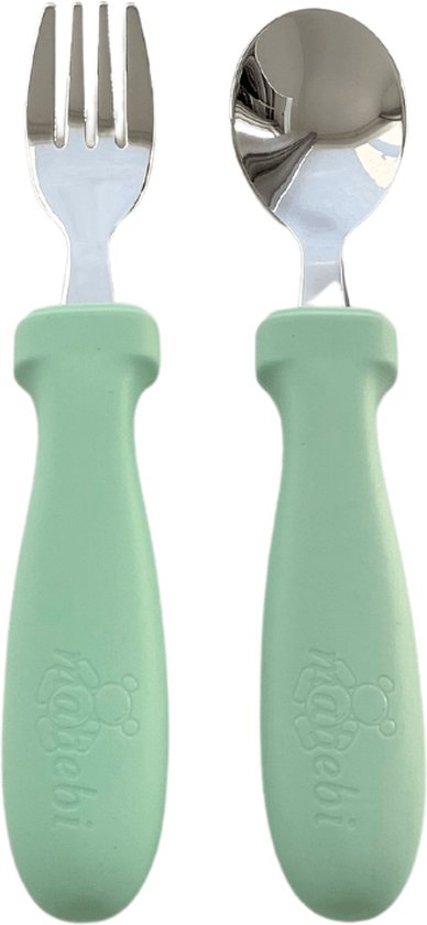 Mabebi - Oefenbestek - Kinderbestek - Vork en lepel - RVS - Siliconen handvat - Bestek voor peuters/ kleuters - Groen van Mabebi