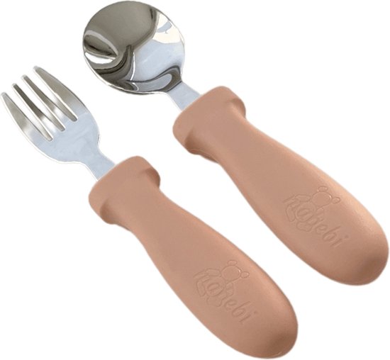 Mabebi - Oefenbestek - Kinderbestek - Vork en lepel - RVS - Siliconen handvat - Bestek voor peuters/ kleuters - Roze van Mabebi
